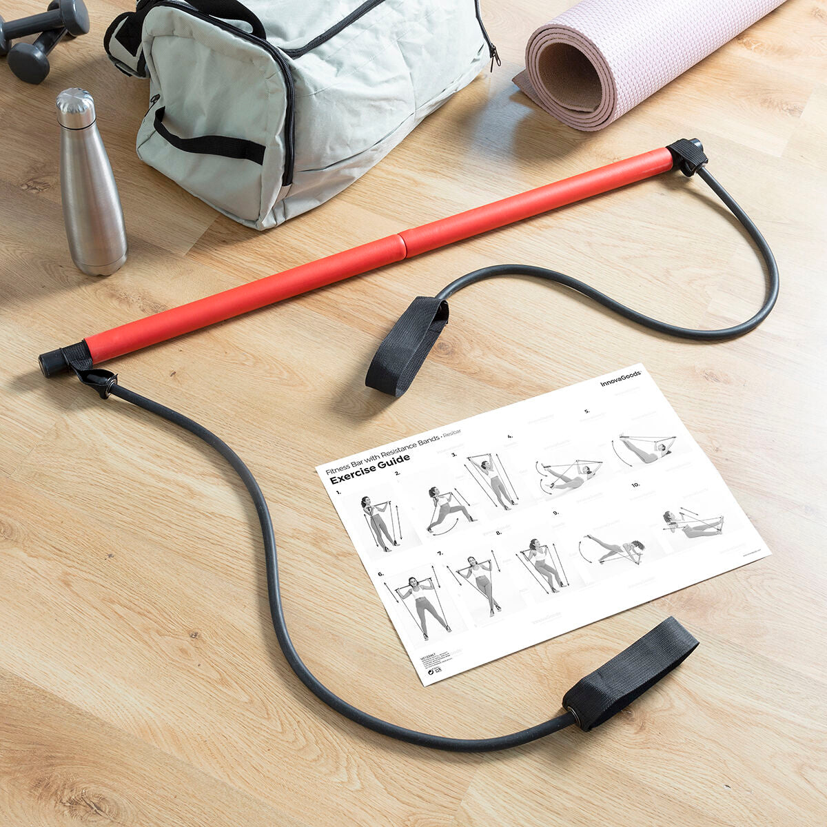 Barra fitness con bandas de resistencia y guía de ejercicios Resibar